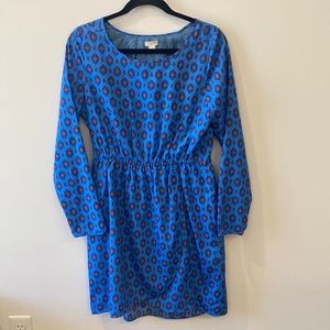 J. Crew Medallion Print Dress Blue Long Sleeves Elastic Waist